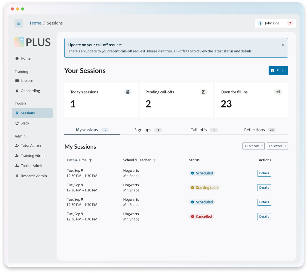 PLUS session management dashboard preview