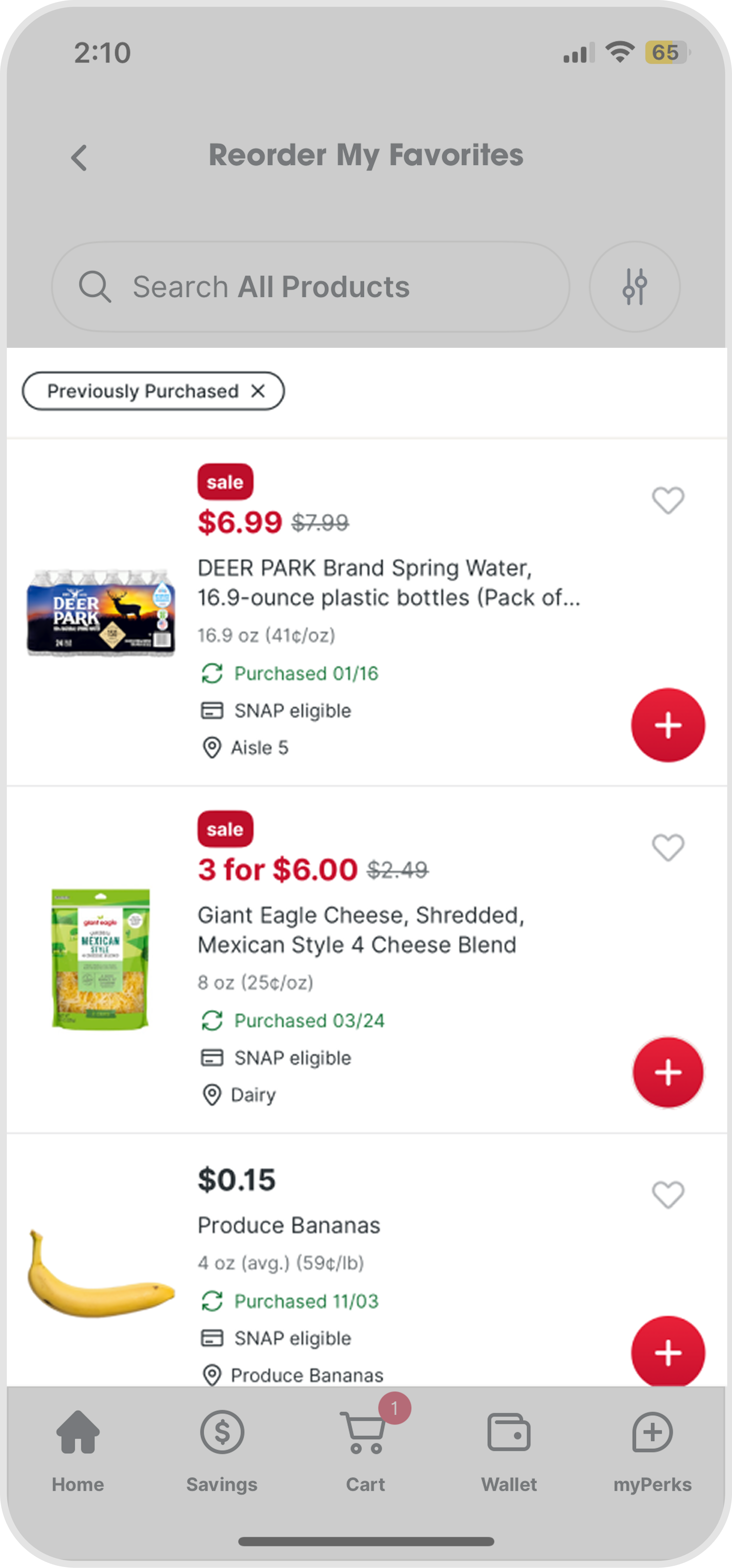 A Giant Eagle app screen showing reorder-my-favorites items from a recent grocery trip